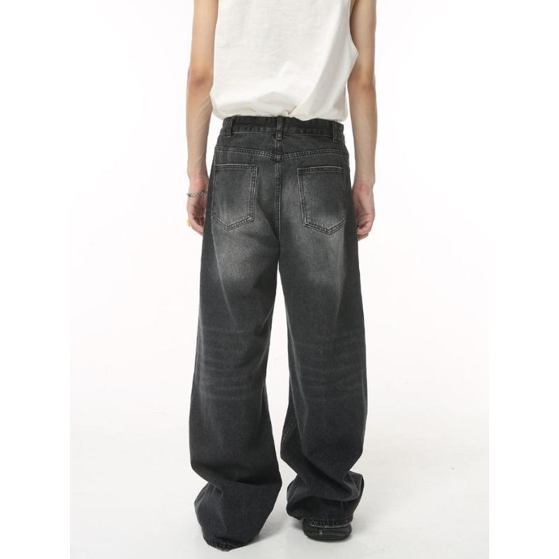 Women's Vintage Washed Black Wide Leg Jeans High Waist Loose Fit Straight Denim Trousers