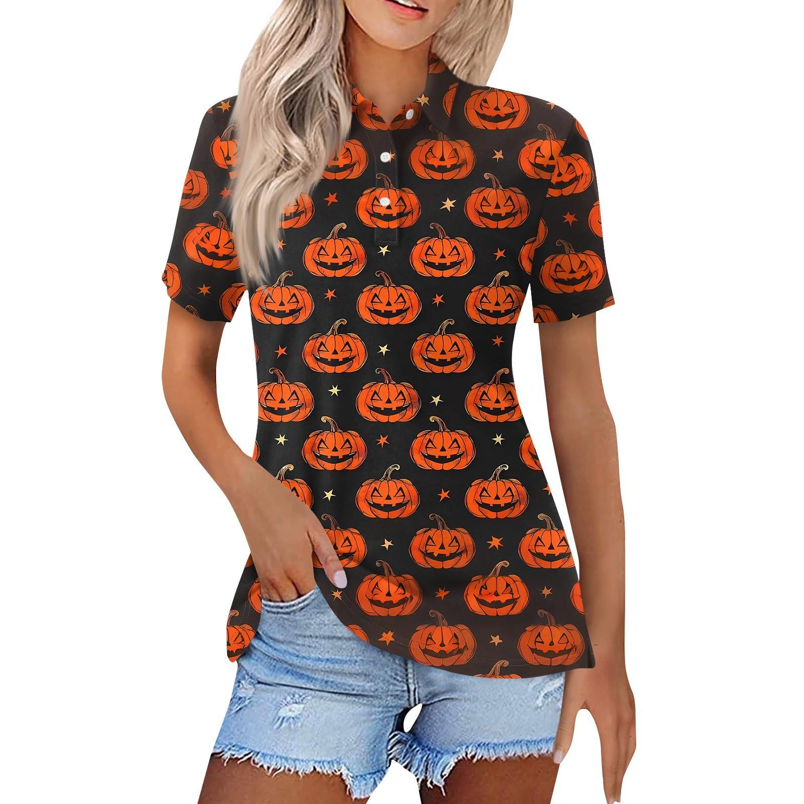 

Женская модная повседневная рубашка с лацканами и короткими рукавами с принтом на Хэллоуин, женские топы на пуговицах XL шафрановый