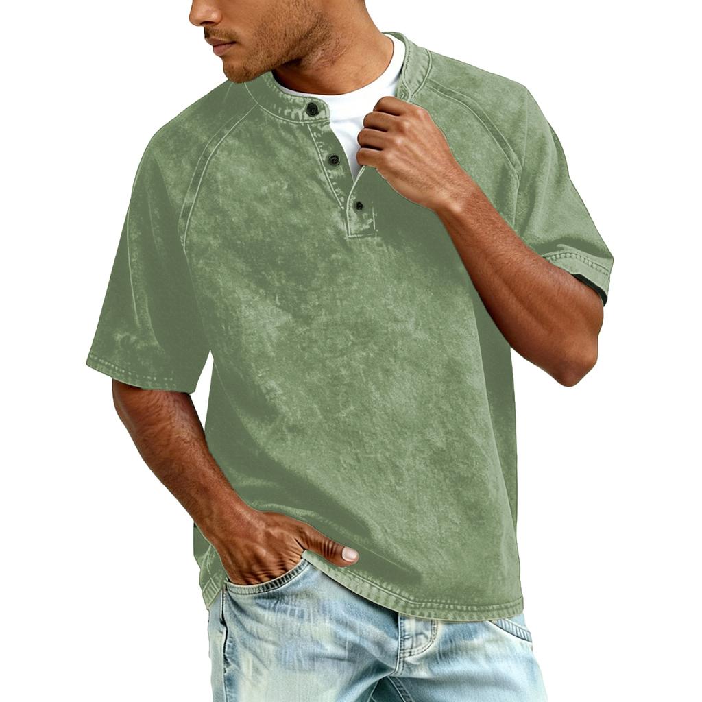 Men Henley T Shirt Short Sleeve Raglan Button Down Casual Loose Fit Crewneck Vintage Top Tee