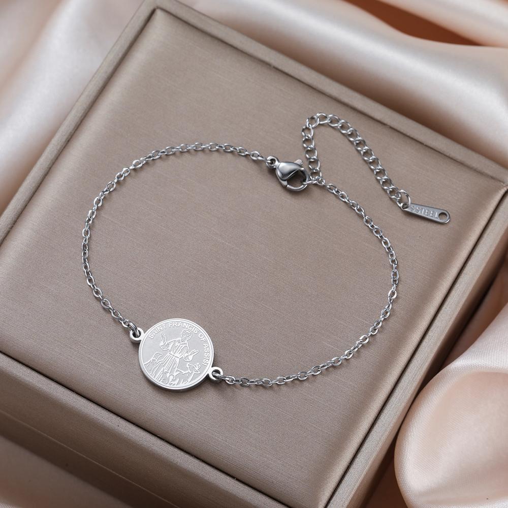 Dawapara Saint Francis of Assisi Coin Bracelet Catholic Patron Animal Advocate Gifts Stainless Steel Charms Religious Jewelry