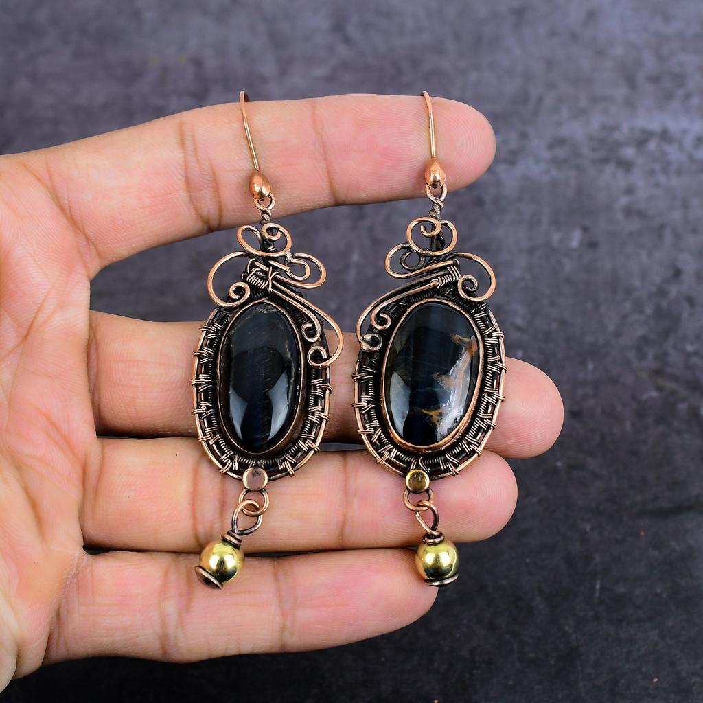 Natural Black Tiger Eye Gemstone Copper Wire Wrap Jewelry Earring 3.55" G9G21