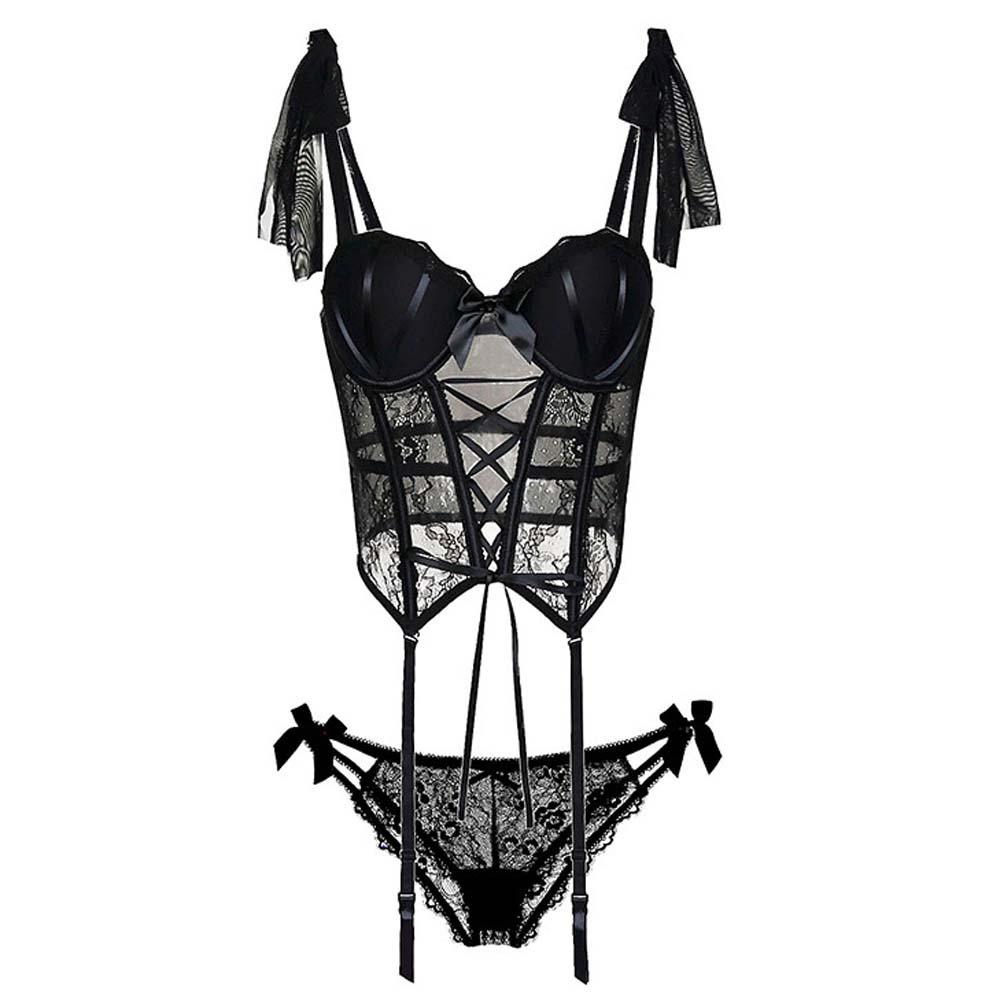 Hollow Mesh Women Lingerie Uniform Passionate Set Bow Lace Corset  Home Travel
