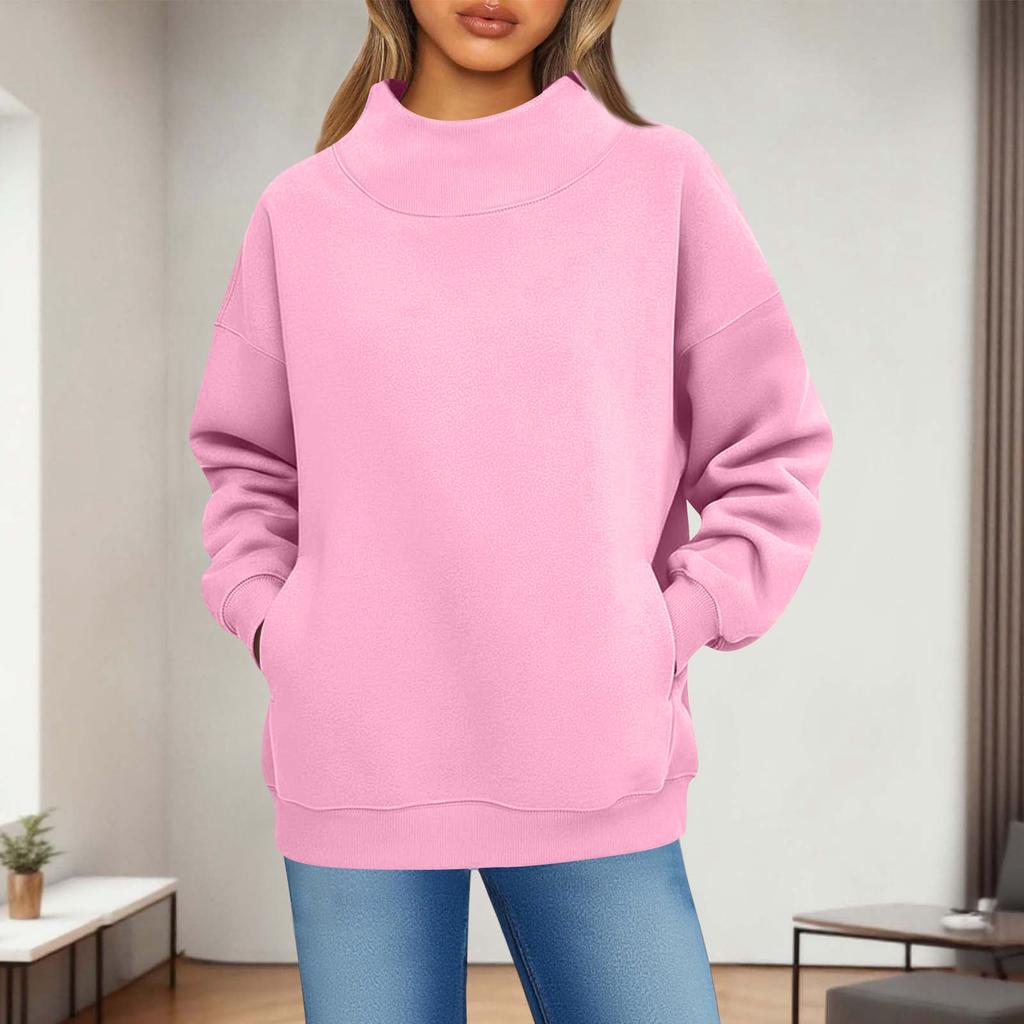 Women's Fashionable Casual Solid Color Round Neck Long Sleeved Pocket Sports Casual Pullover Sweatshirt Top