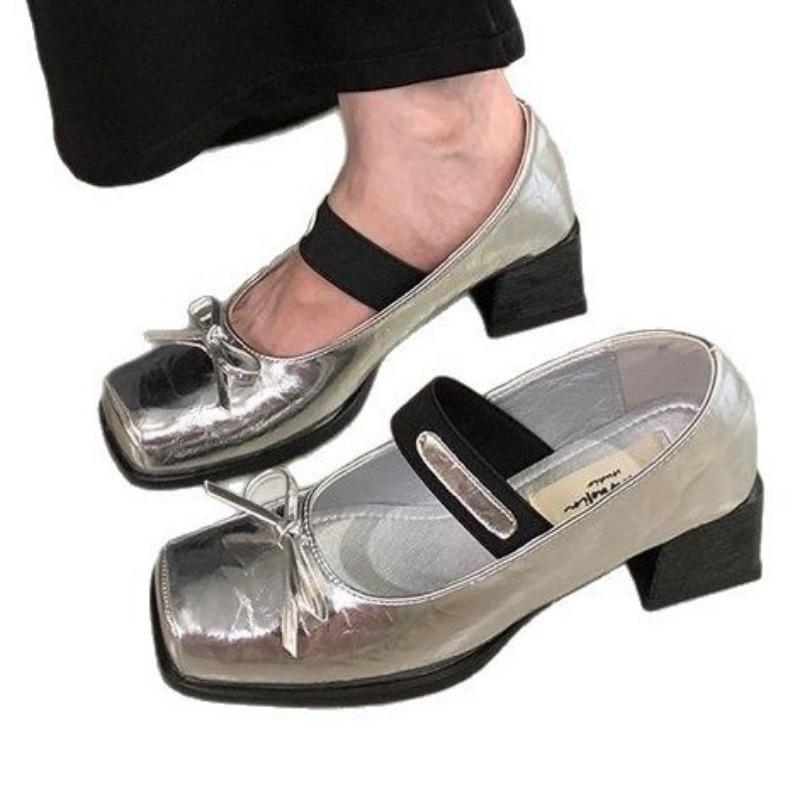 Sheepskin Version Square Head Bow with Mary Jane Shoes Thick Heel Ballet Single Shoes Retro One-pedal Small Leather Shoes