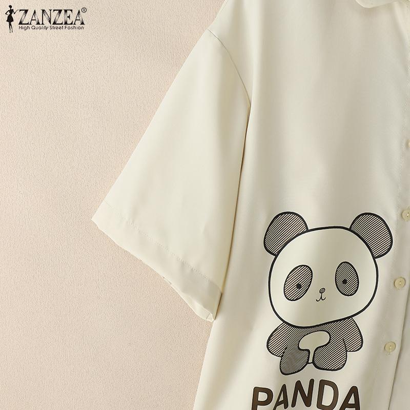 ZANZEA Women Turn Down Collar Summer Casual Short Sleeve Print Blouse