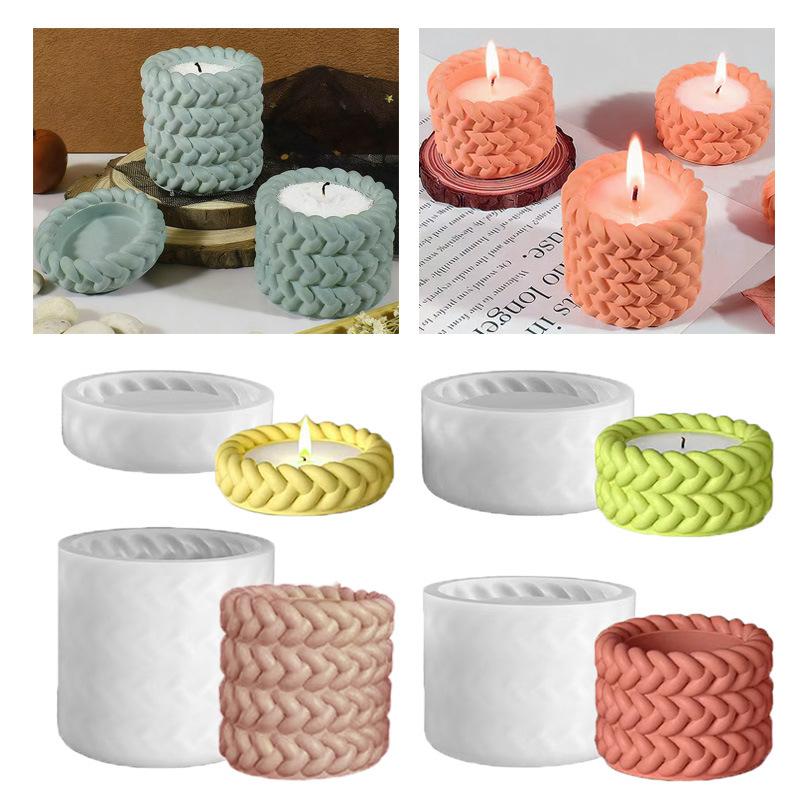 Woven Candle Jar Silicone Mold DIY Round Concrete Flowerpot Casting Molds Plaster Resin Storage Box Craft Making Home Decor