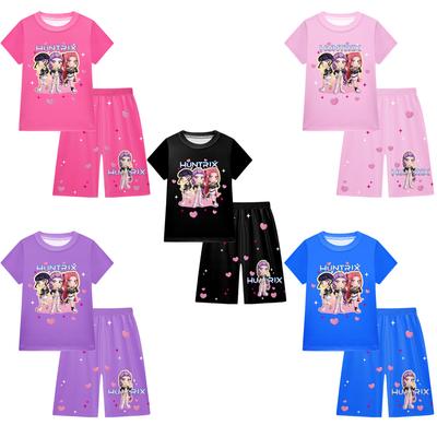 KPOP Mädchen T-Shirt und Hosen Set, Demon Slayer Cartoon, Zweiteiliges Kurzarm- und Shorts-Set für große Kinder