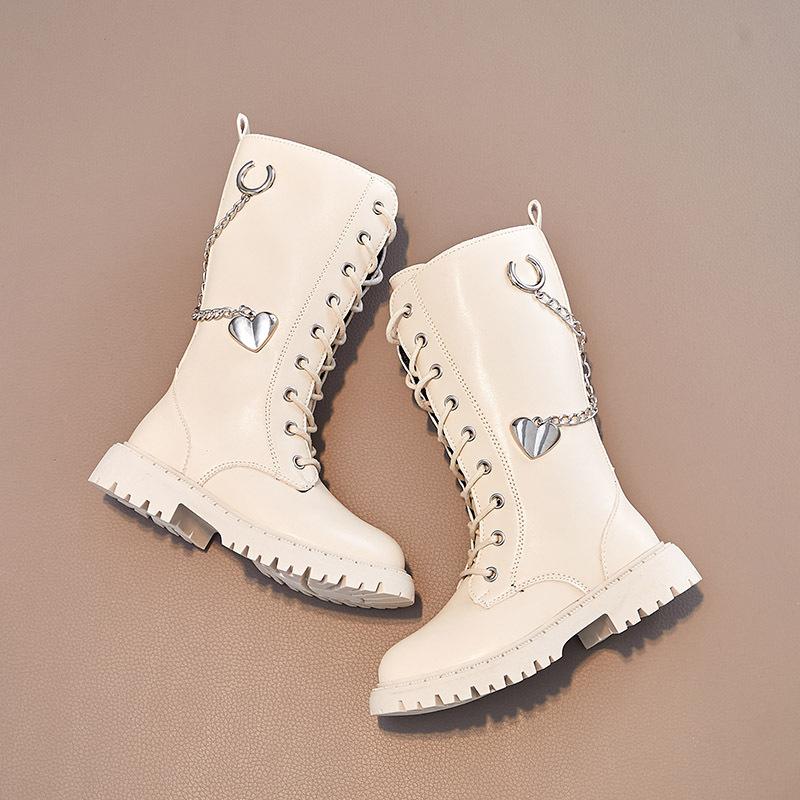 

Girls Boots Winter New Korean Style Britain Style Children Fashion Versatile Soft Princess Shoes High Boots Chains Love PU 27 бежевый