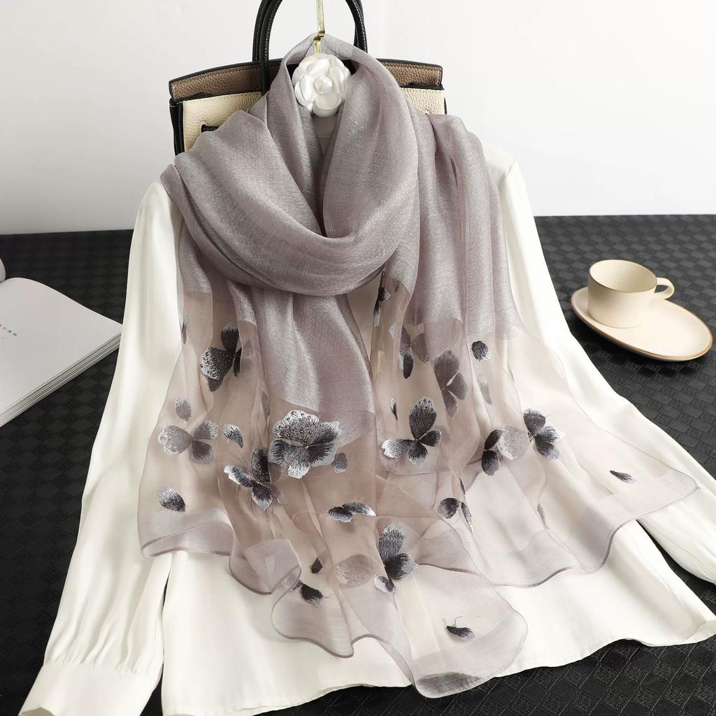 Floral Embroidered Silk Scarf Springautumn Thin Mulberry Silk Scarf Elegant And Decorative Shawl
