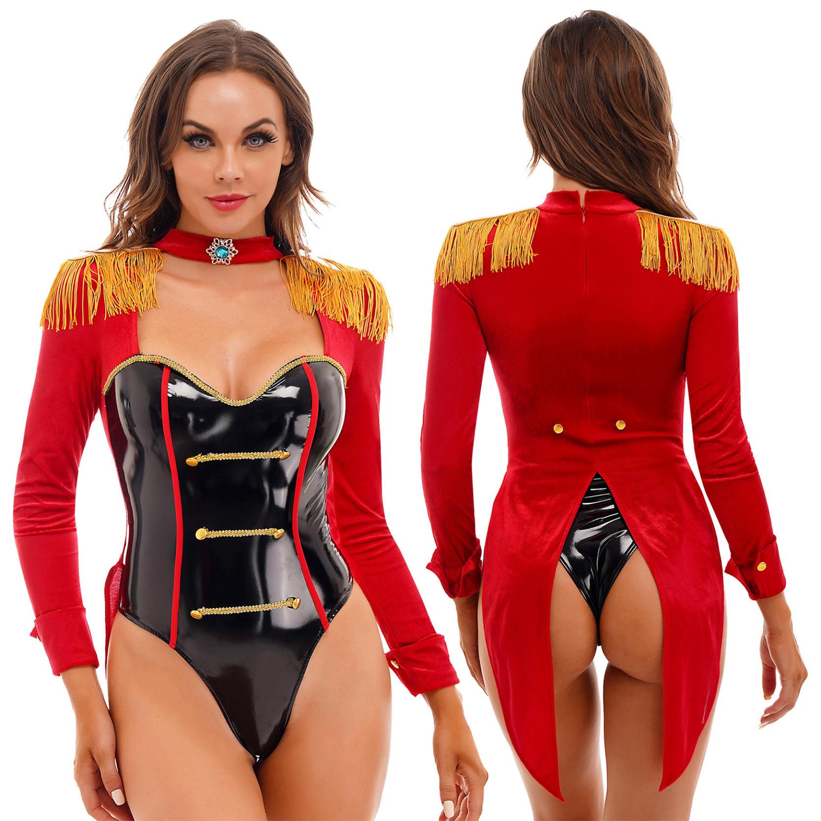 

Women Circus Ringmaster Role Play Bodysuit Costume Jumpsuit Role Play Costume Tassel Decor Sexy Costume Halloween Masquerade L червоний