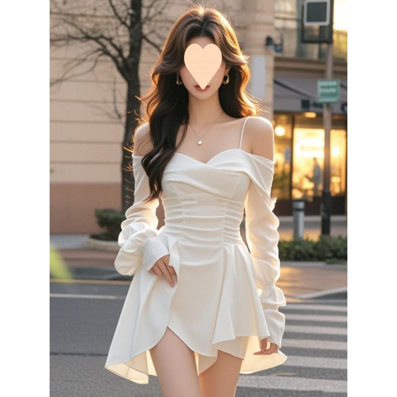 White Off Shoulder Strap Dress Women Spring Elegant Slim Fit A-line Short Dresses French Sexy Pleated Female Clothes