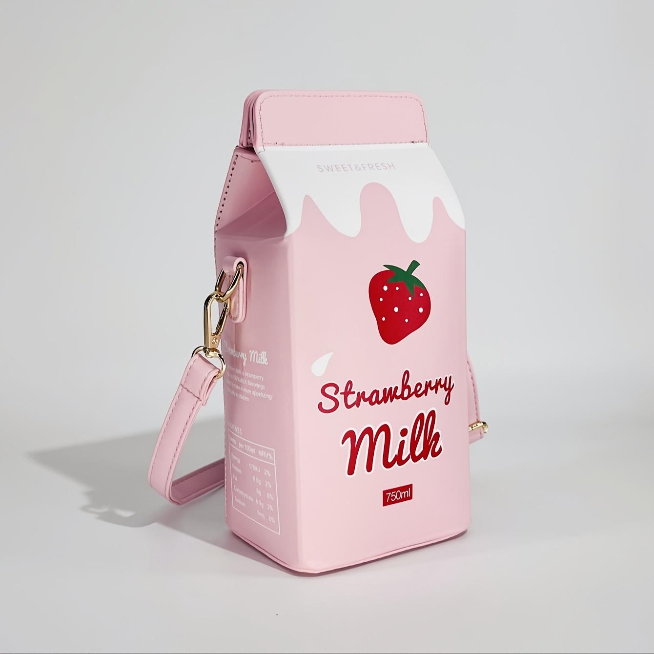 XYKK01 Dames Mode Melkpak Vormige Letter- en Koeienprint Crossbodytas met Verstelbare Riem Casual Schoudertas voor Reizen Aardbeienpatroon Vierkante Portemonnee roze