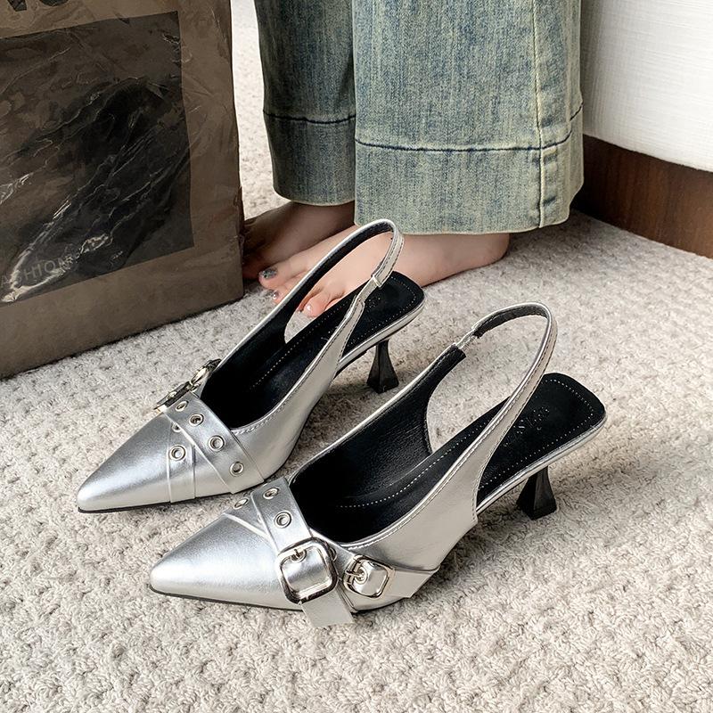 French Bag Head Sandals Women's 2025 New Spring Thin Heel Pointed Belt Buckle Word with Temperament Shallow Mouth Single Shoes
