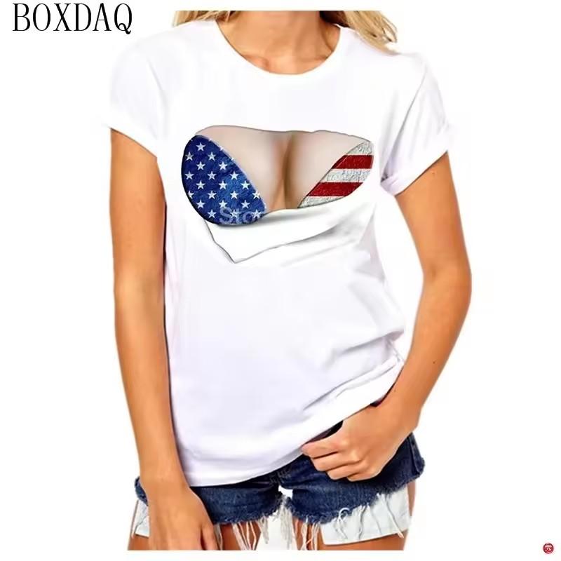 Women Summer Cool T-Shirts Sexy Perspective 3D Boobs Print Short Sleeve Ladies T Shirt Summer O-Neck Breast Pattern Street Tops