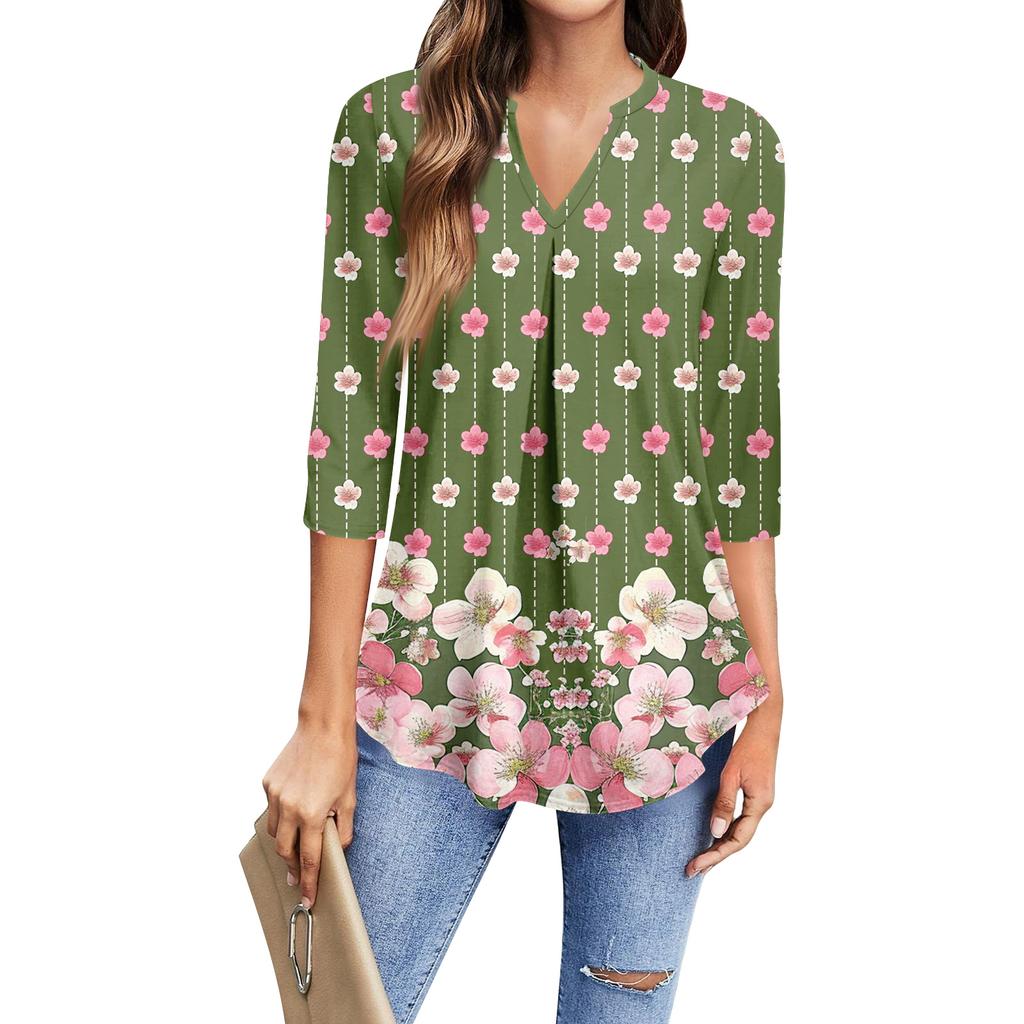 Women's Fashion Casual Three-Quarter Sleeve T-Shirt Printed V-Neck Top