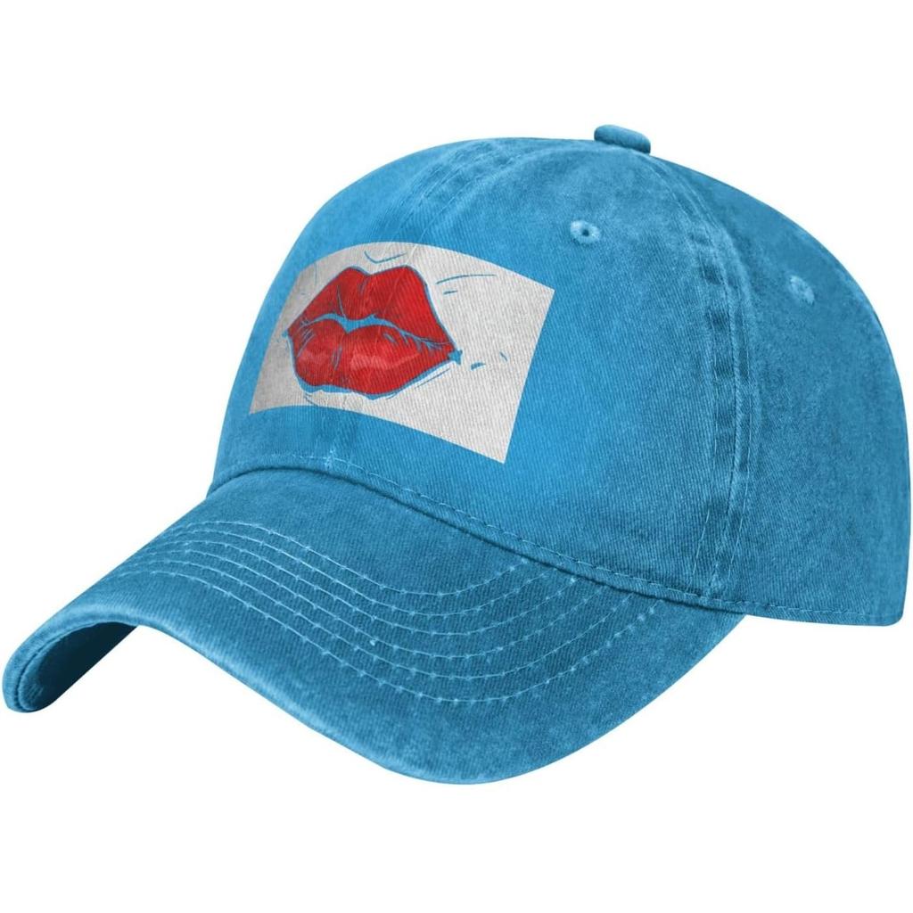 Red Kiss Lips Graphic Washed Denim Baseball Cap Streetwear Outdoor Adjustable Dad Hat