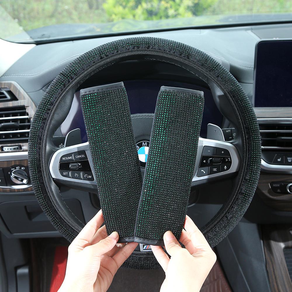 Colorful Rhinestone Steering Wheel, Seat Belt Pad, and Rearview Mirror Cover Set for All Seasons