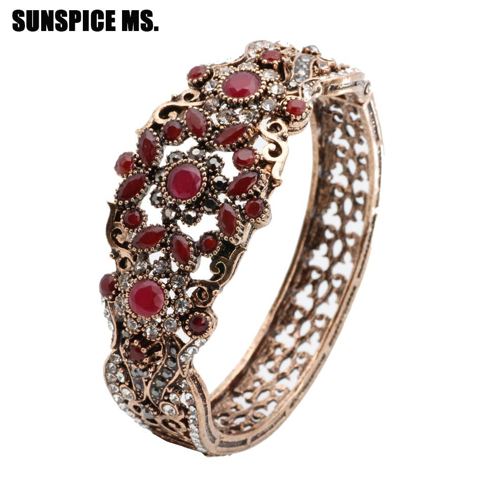 Prachtige Turkse Rode Hars Retro Armband Vintage Manchet Armband voor Vrouwen Antiek Gouden Kleur Boho Bruiloft Sieraden Lente Opening