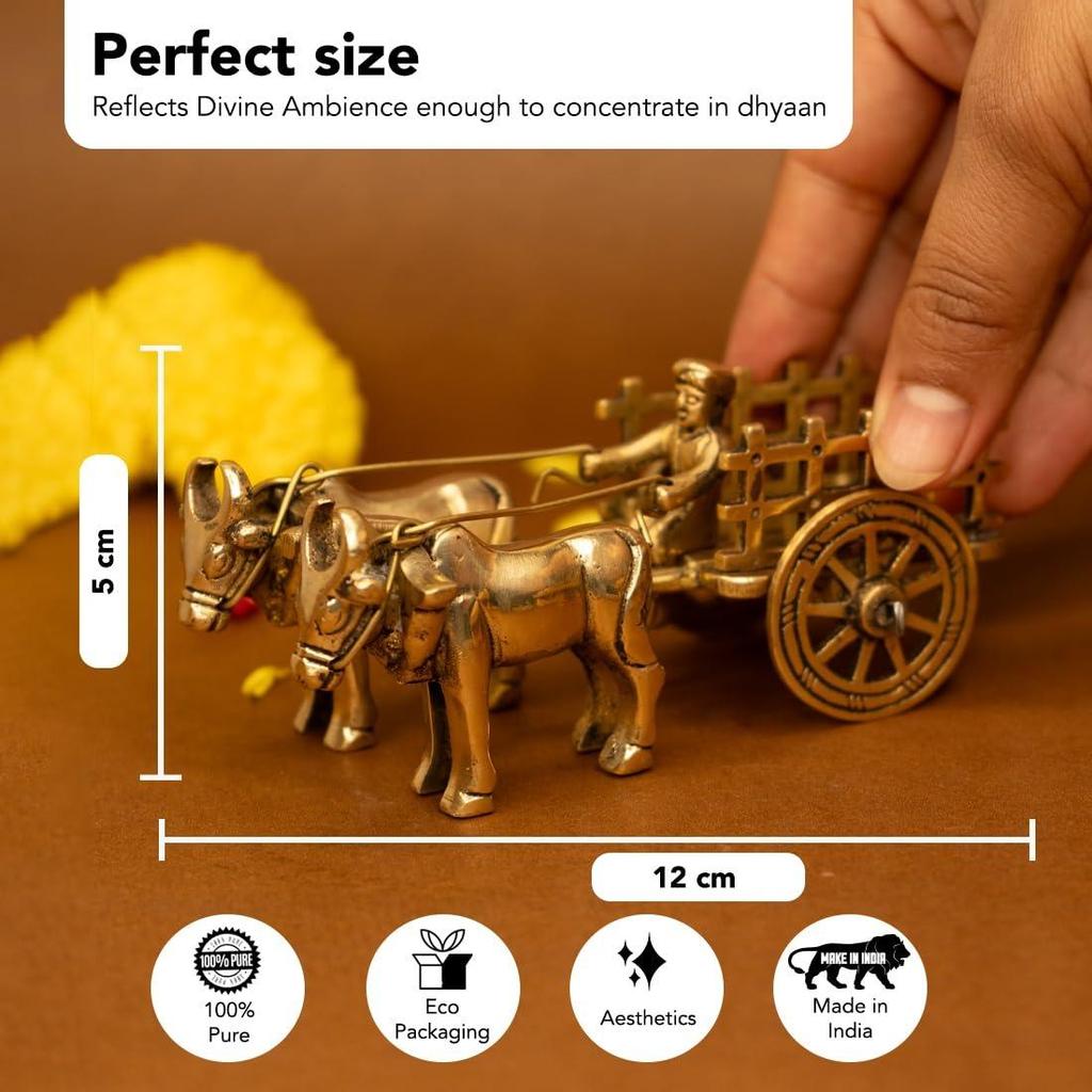 100% Pure Brass Bullock Cart Home Decor (Size: 12 Cm) | Bailgadi for Gift | Bail Gadi Brass Artifacts for Living Room