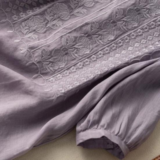 Women Tops Round Neck 3/4 Sleeve Puff Sleeve Loose Fit Casual Tops Embroidery Irregular Hem Blouse Spring Summer Wear