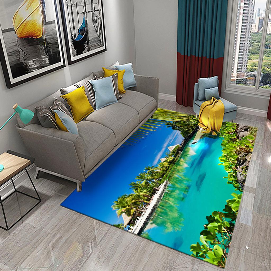 3D Tropical Island Ocean Beach Print Carpet for Kitchen Bathroom Living Room Bedroom Non-slip Absorbent Modern Home Decor Carpet