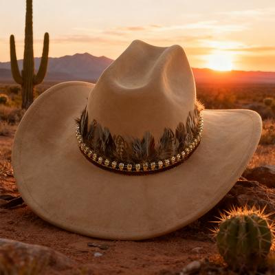 New Ethnic Vegan Suede Cowboy Hat Wide Brim Feather Cowgirl Hat Party Western Cowboy Hat  Cattleman Style Knight Hat