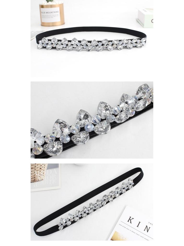 Damski elastyczny pasek z cyrkoniami zapinany na zatrzask - Wszechstronny wąski czarny pas wyszczuplający talię