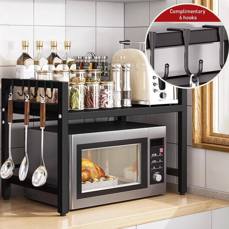 Kitchen Shelves with 6 Hook Microwave Stand Baker’s Rack Telescopic Adjust Layer Height Shelf Storage Count Cutting Board Holder
