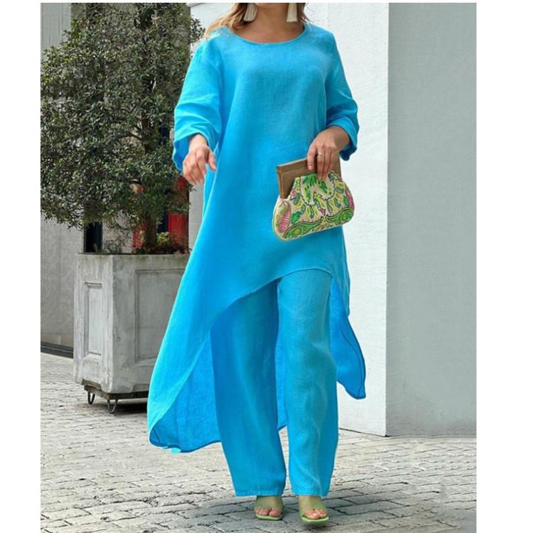 Summer Women Fashion Casual Cotton Linen Suit Irregular Long Sleeve Wide Leg Pants Two-piece Suit Plus Size