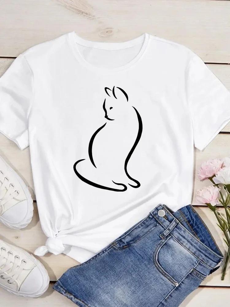 New Cute Love Heart Cat Print Women T-Shirt Casual Short Sleeve Top Summer Women's Clothing Cartoon Streetwear Y2k Clothes
