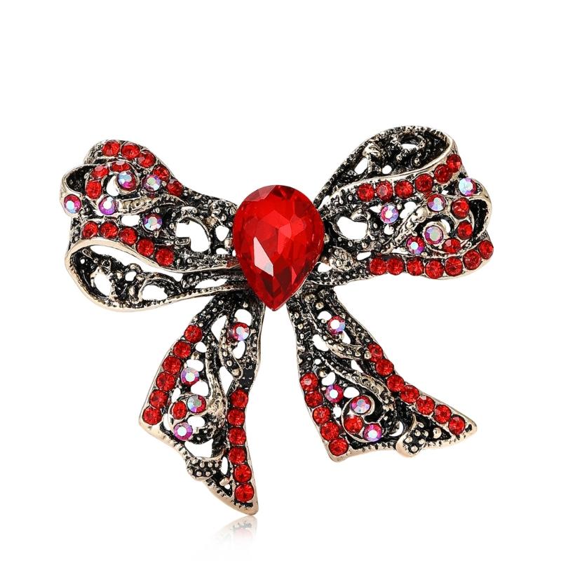 Elegant Hollow Bowknot Brooch With Shining Rhinestones For Women Vintage Alloy Jewelry Accessory For Ladies красный