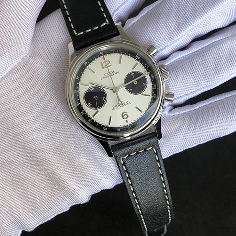 SUGESS Swan Neck Regulator 38mm Mechanical Analog Chronograph Watch for Panda Pilot Genuine Leather Stylish and Popular Men, Dial, Style, Strap,