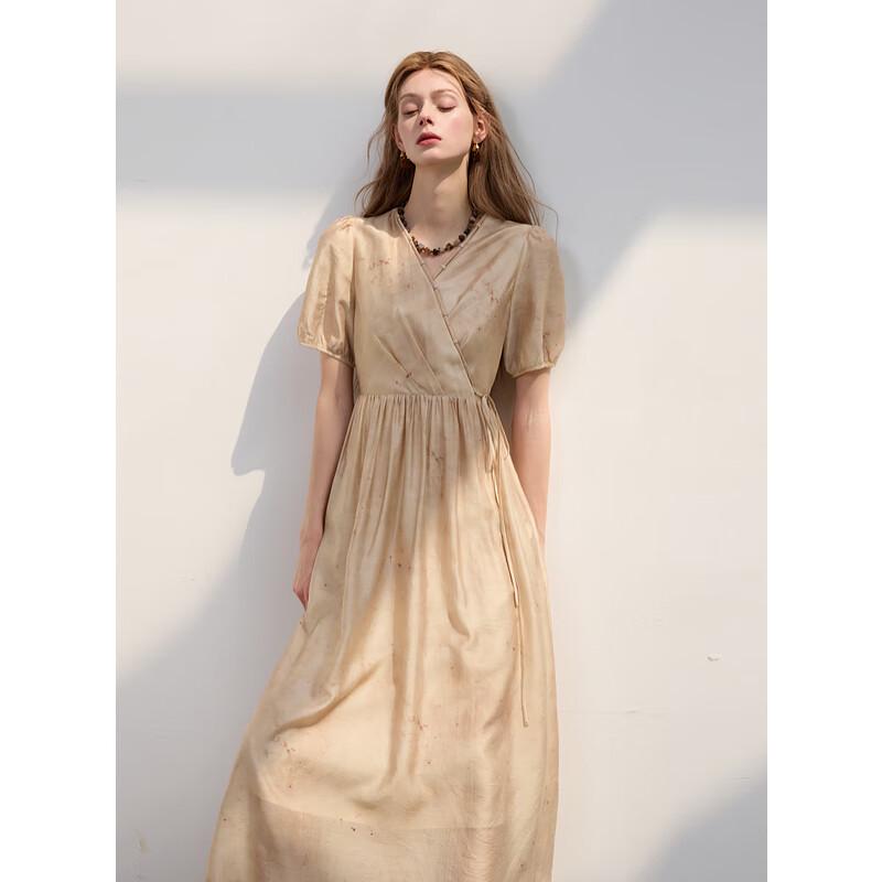 Sancai 2025 Summer Lyocell V-Neck Puff Sleeve A-Line Long Dress