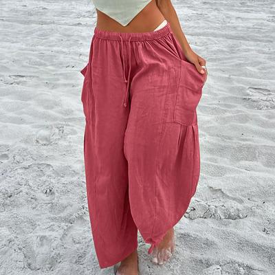 Spring and Summer Women's Elastic Waist Pleated High Waist Wide Leg Pants Loose Casual Cotton Linen Trousers