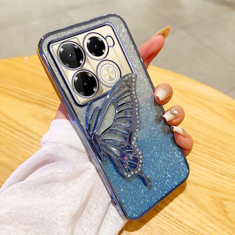 Chuan Yin Note40 Glitter Butterfly Stand Phone Case - Electroplated Diamond Flowing Sand Design for HOT40/GT20pro