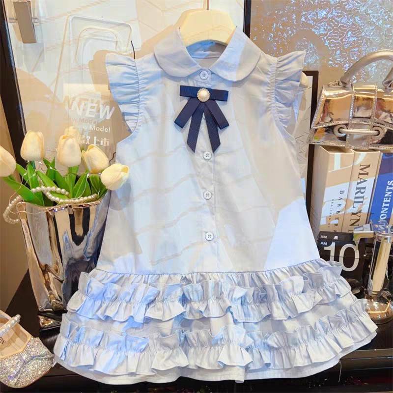 Girls Summer Flutter Sleeve Shirt Dress Fashion Bow Single Breasted Lace Trim Princess Sleeveless Dress