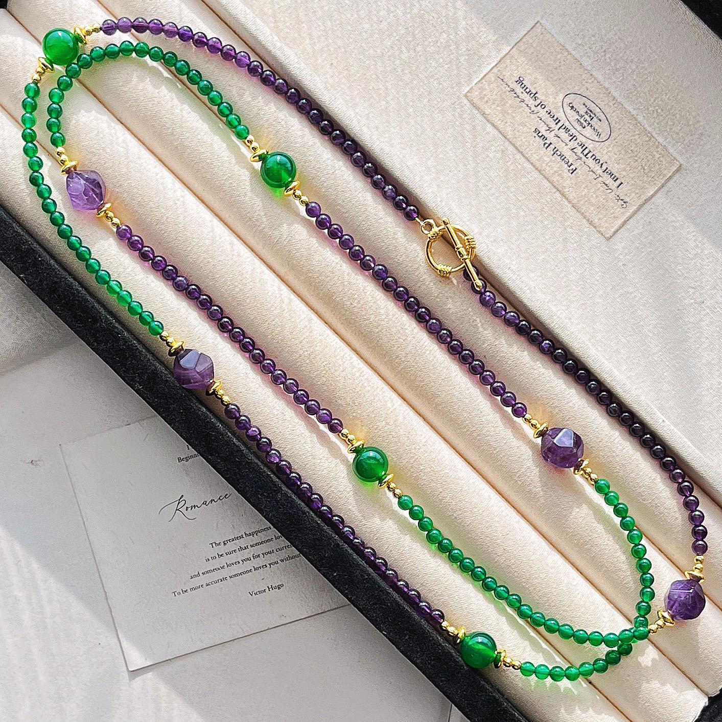 4Mm Retro High Quality 7A Imperial Green Natural Chalcedony Amethyst Multi-Layer Design Sweater Chain Necklace Lock