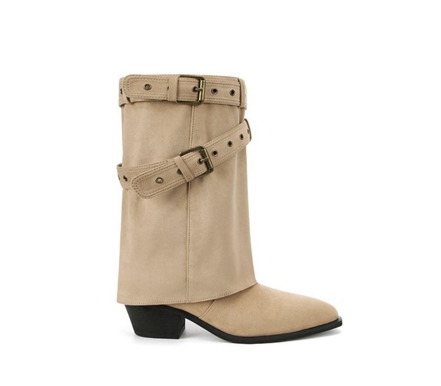 Cowhide version~ Spice Girl Sweet Cool Wind Pant Pants Boots Women's Leather Pointed Belt Buckle Fried Street Knight Boots Autumn and Winter Fash