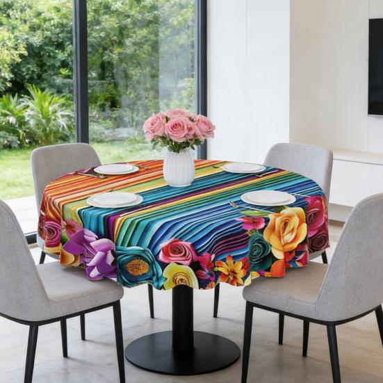 Mexikanische Blumige Tischdecke Runde Tischabdeckung mit Zackensaum Buntes Blumen-Volkskunst-Muster Tischdecke für Zuhause Bauernhaus Esstisch