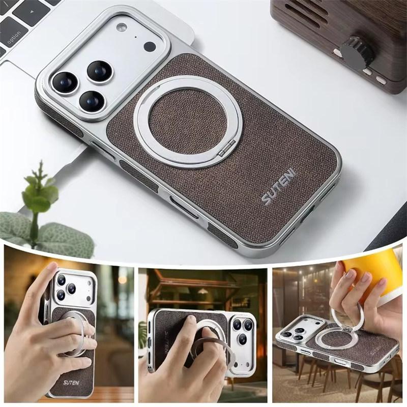 Luxury Back 360° Rotating Stand Solid Color Leather Phone Case for iPhone 13 14 15 16 17 Pro Max with Support Magnetic Charging