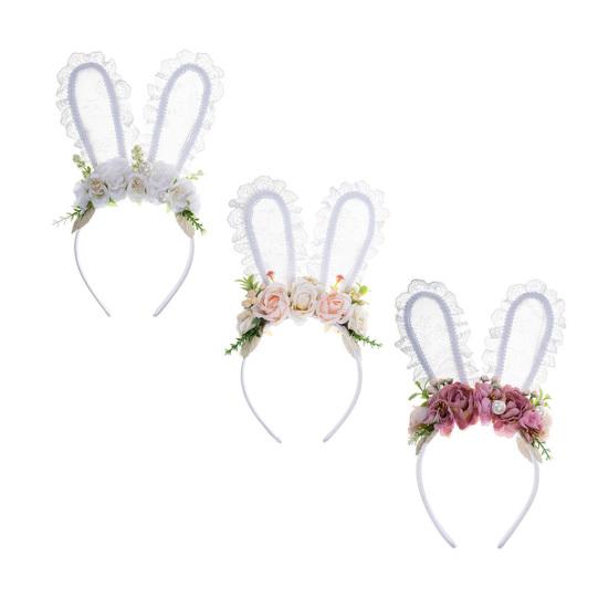 Bunny Headband Lace Bunny Ear Design Hair Hoop with Colorful Artificial Flowers Forest Style Easter
