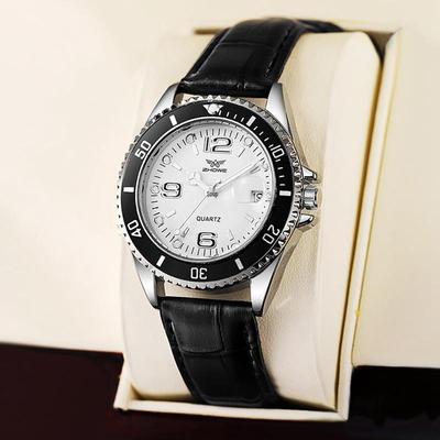 Men's Quartz Calendar Watch with Luminous Hands and Leather Strap