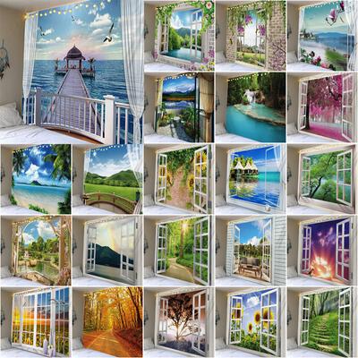 Imitation Window Travel Scenery Forest Landscape Painting Tapestry Wall Hanging Bohemian Style Psychedelic Mandala Bedroom Home Decor
