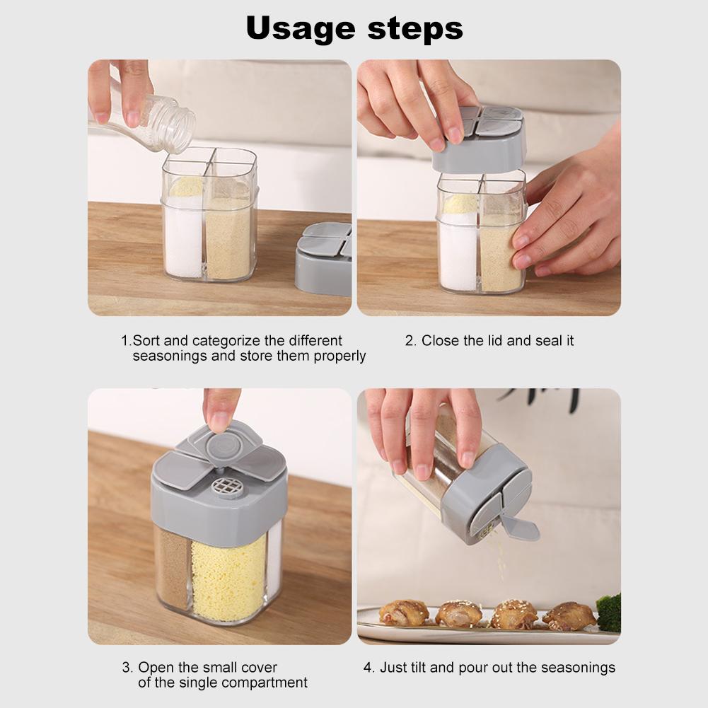 NEW 4-in-1 Transparent Seasoning Dispenser Jar 4 Grids Spice Container with Lid Salt and Pepper Shaker for Travel Picnic Cooking