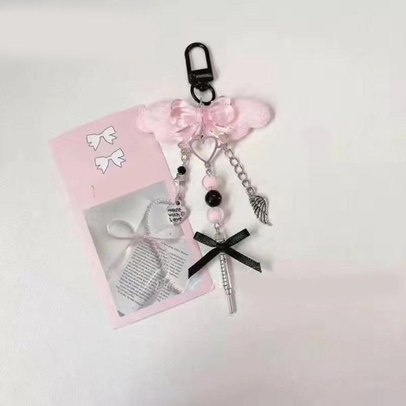 Cute Pink Butterfly Phone Charm Stylish Keychain Pendant Beaded Cellphone Pendant Phone Lanyard for Women and Girls