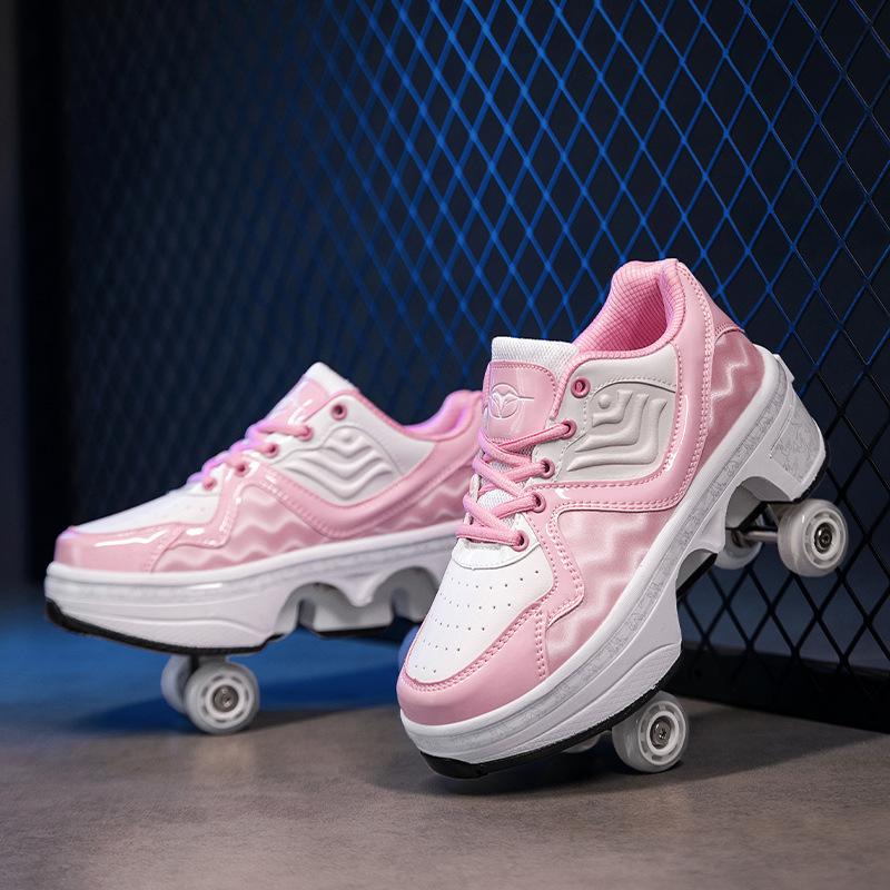 Pantofi de fugă pentru copii Versiune cu patru roți pentru studenți 8 până la 15 ani Pot merge, aluneca și se micșorează cu patine cu rotile cu frână Femei adulte