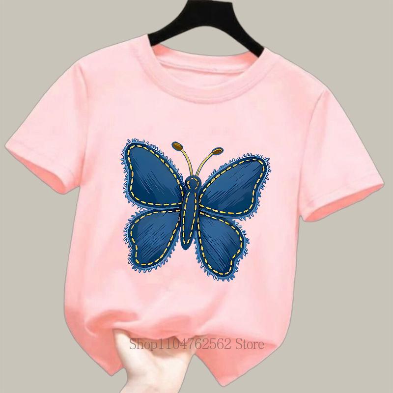 Blue Butterfly Print Children Clothing Girls Summer Casual Fashion Cute Colorful Tops Kids Crew Neck Short Sleeve T-shirts