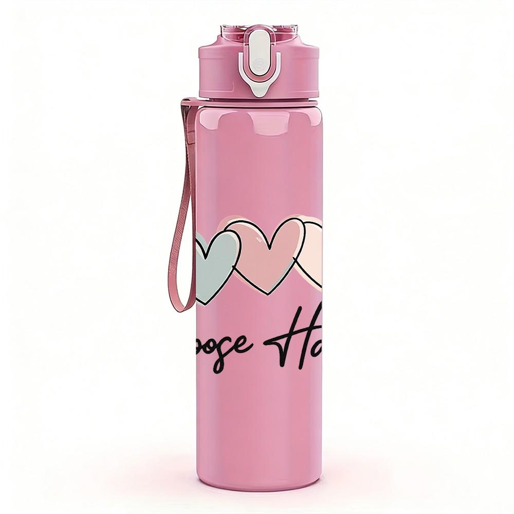 1PC Multi Pastel Heart Choose Happy Print 750ml Color Plastic Sports Water Bottle Leakproof Flip Straw Lid Suitable for Sports Office Home Use