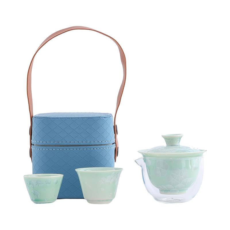 Crystal Glaze Travel Tea Set, Kiln Change Express Cup Cover Bowl, Household Kung Fu One Pot Two Cups Outdoor Portable Bag
