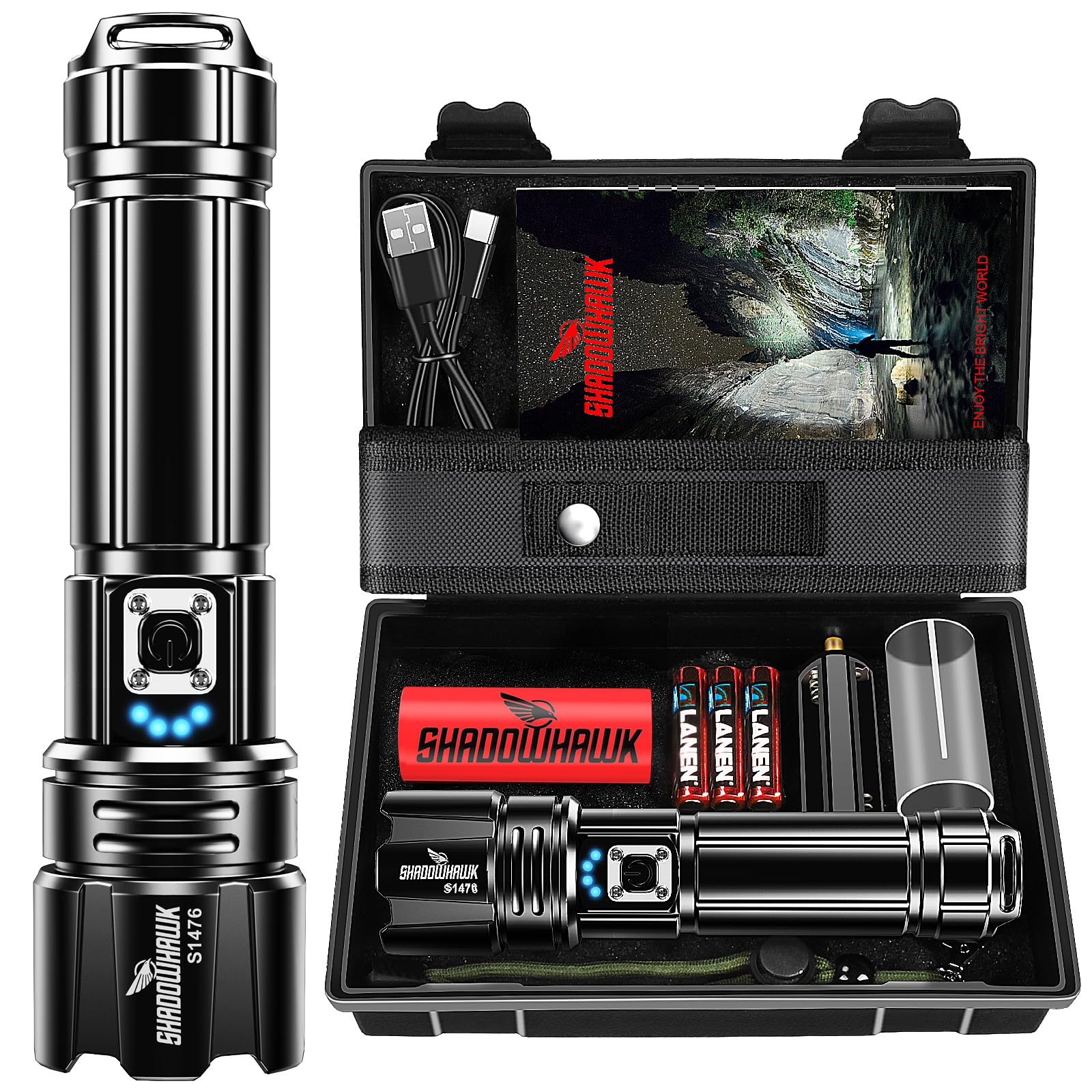 

Shadowhawk LED Military and IP67 5 Dimmable Adjustable and Ideal for Emergency Night Power and More a 26650 Rechargeable Battery and 3 AAA XHP70.2